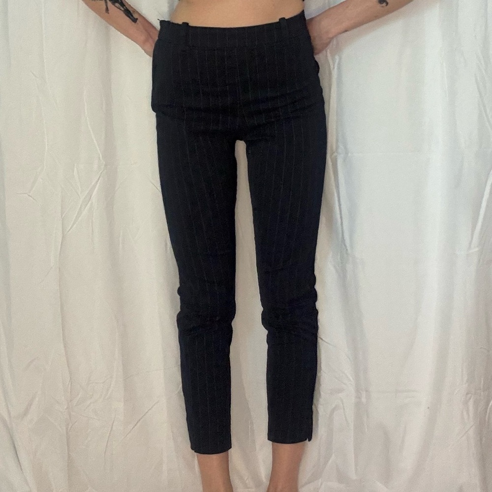 Navy Pinstripe Cropped Capri Pants